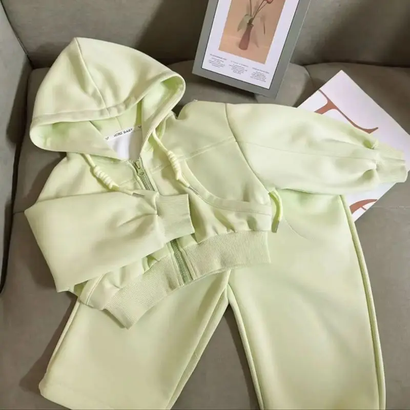 Kids Outfits 3pcs Set Green Spring and Autumn Clothing for Girls New Vest+hooded Short Jacket+pants Children's Tracksuit 2-11 Y