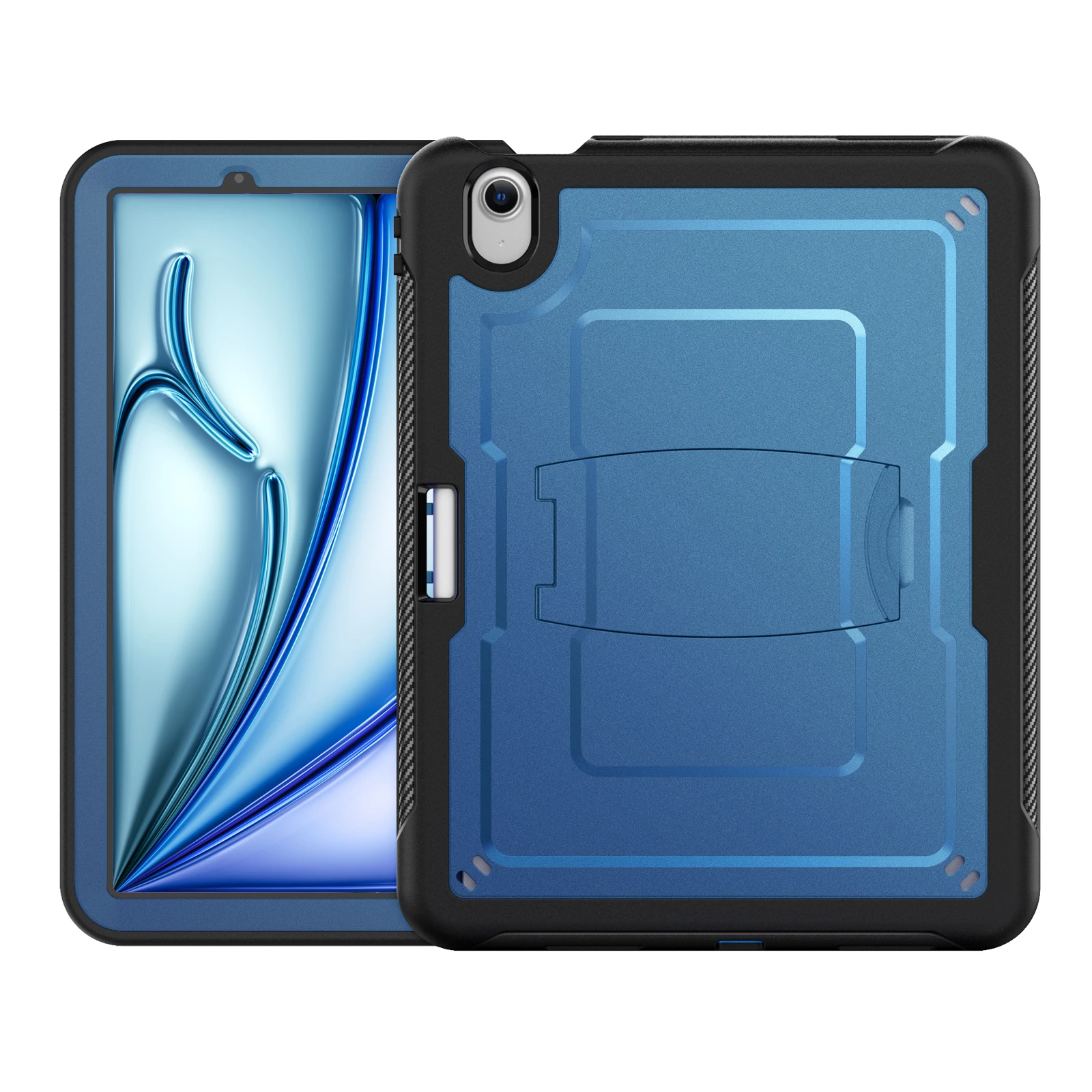For iPad Air 11 (2026) / (2025) / (2024) Case Hidden Zinc Alloy Kickstand PC + TPE Tablet Cover with Shoulder Strap - Navy Blue