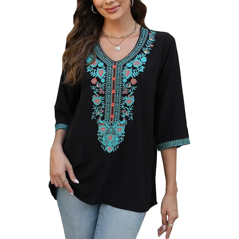 Summer Women's Embroidered Top Mexican Style Shirt 3/4 Sleeve Traditional Bohemian Clothing Womens Tops  Shirt  Blouse Women