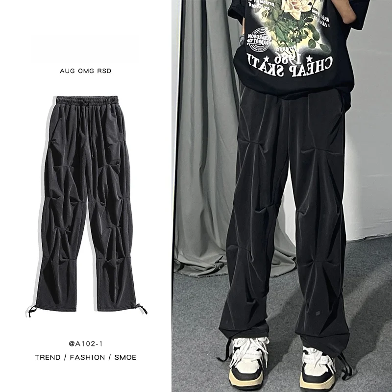 

Ice Silk American Hiphop Men's Straight Leg Wide Leg Casual Pants Drapey Design High Street Workwear Trousers Trendy Brand