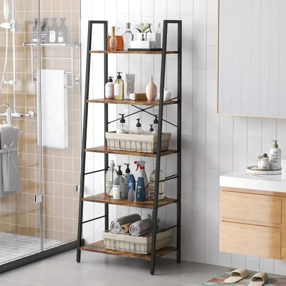 Bookshelf, Ladder Shelf 5-Tier Bookcase for Bedroom, Industrial Book Shelves Storage Rack with Metal Frame for Home Office