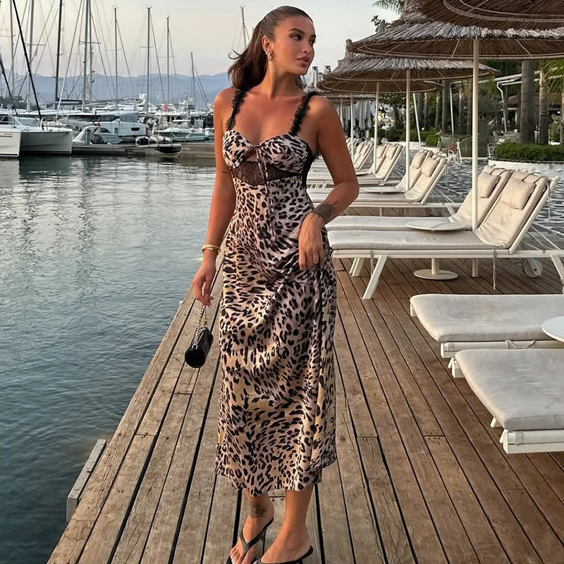 

TARUXY Spice Girl Lace Leopard Print Polka Dots Dress Women's Sexy Hollow Spaghetti Strap Sleeveless Dress Club Party Long Dess