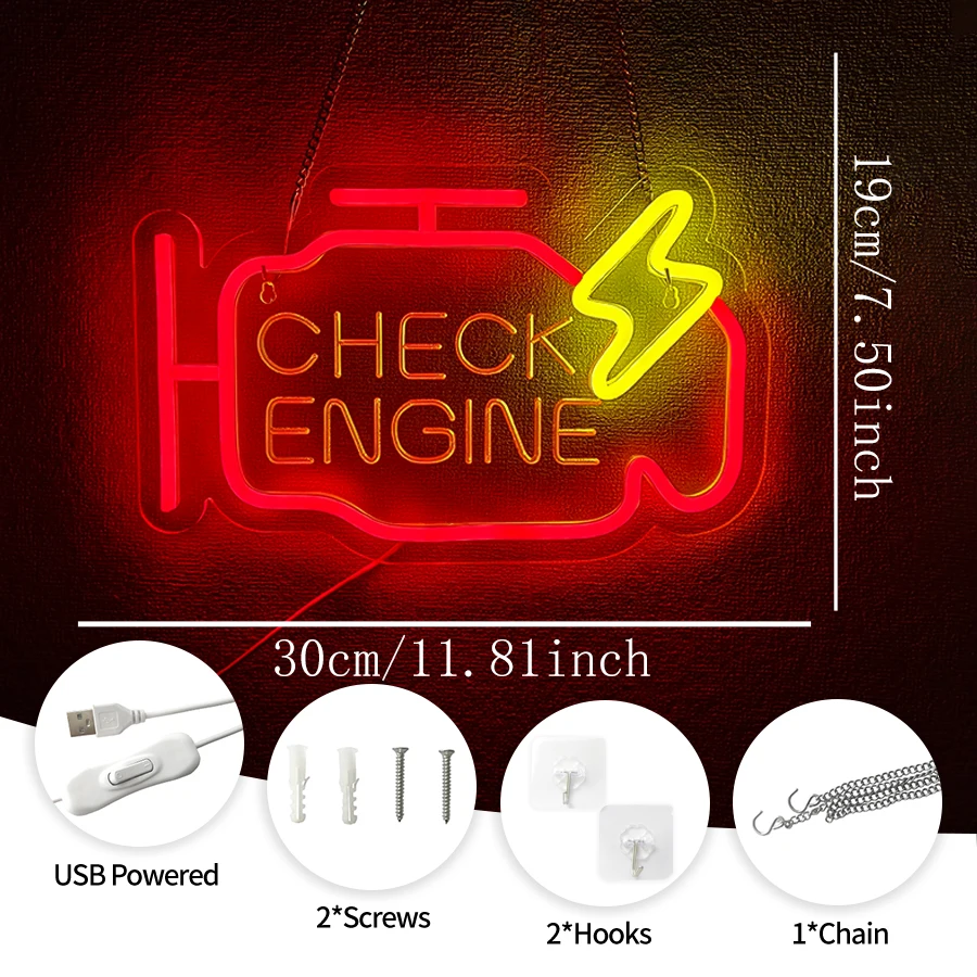 Check Engine Neon Sign USB Powered LED Garage Wall Decor，for Car Room Auto Repair Workshop Man Cave Gift for Dad Car Enthusiast