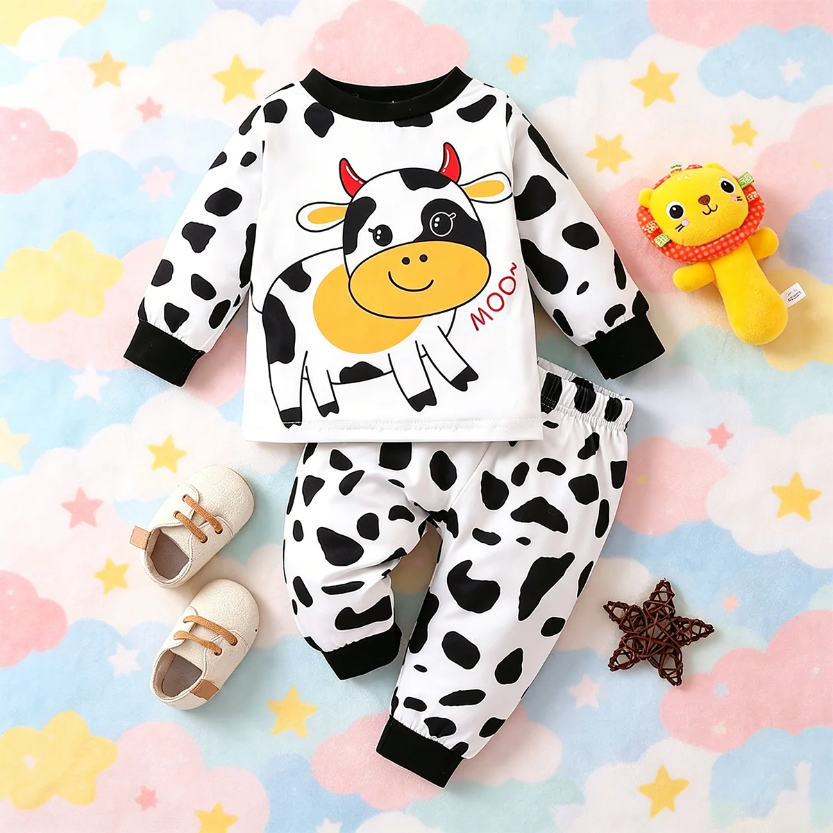 Baby Boys Black White Spotted Cow Print Two-Piece Set Long-Sleeved Round Neck Top with Matching Pants Cute Fashionable Outfit