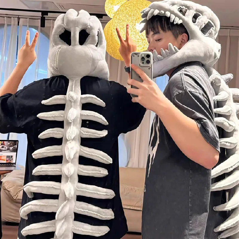 Kids Adults Spinosaurus Plush Dino Outfit Halloween Party Funny 3D Realistic Dinosaur Skeleton Costume Set with Spine Extension