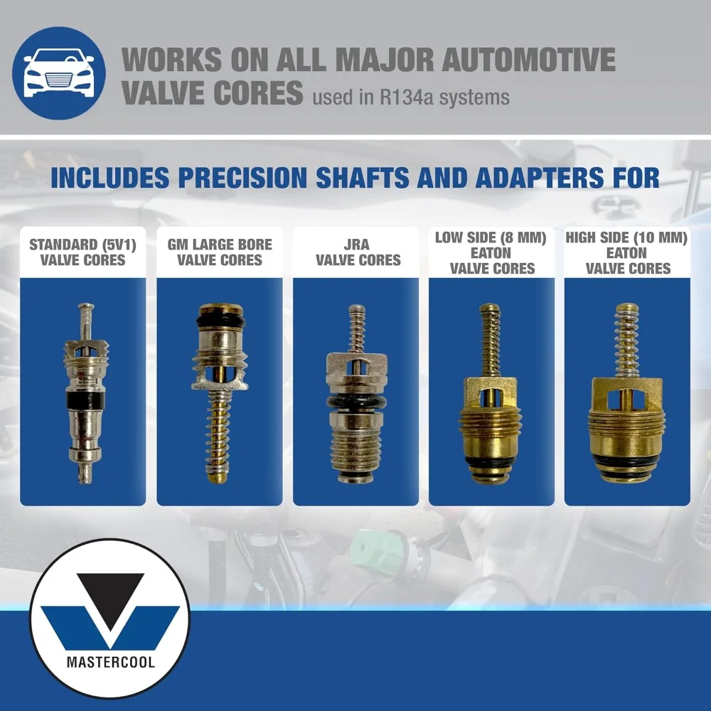 58490 R134a مجموعة أدوات إزالة/مثبت الصمام الأساسية تعمل تحت أغطية الضغط القياسية، JRA، Eaton Cores تتضمن مهاوي ومحولات