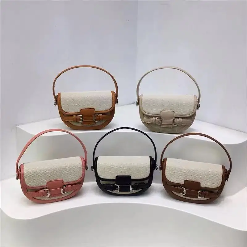 

Ladies' temperament canvas color blocked saddle bag fashionable and versatile handbag niche retro single shoulder crossbody bag