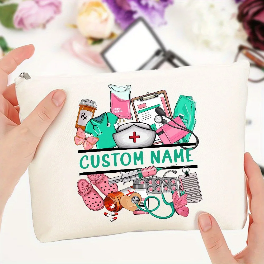 Customizable Nurses' Name Canvas Tote Bag - Lightweight, Zipper Closure, Fashionable Medical-Themed Design with Stethoscope,