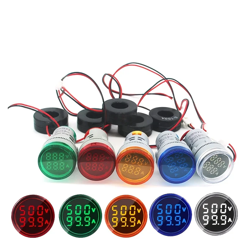 

1pc Mini LED Voltmeter & Ammeter - Dual Display AC 20-500V, 0-100A with Color-Changing Voltage & Current Indicator, 22mm Round