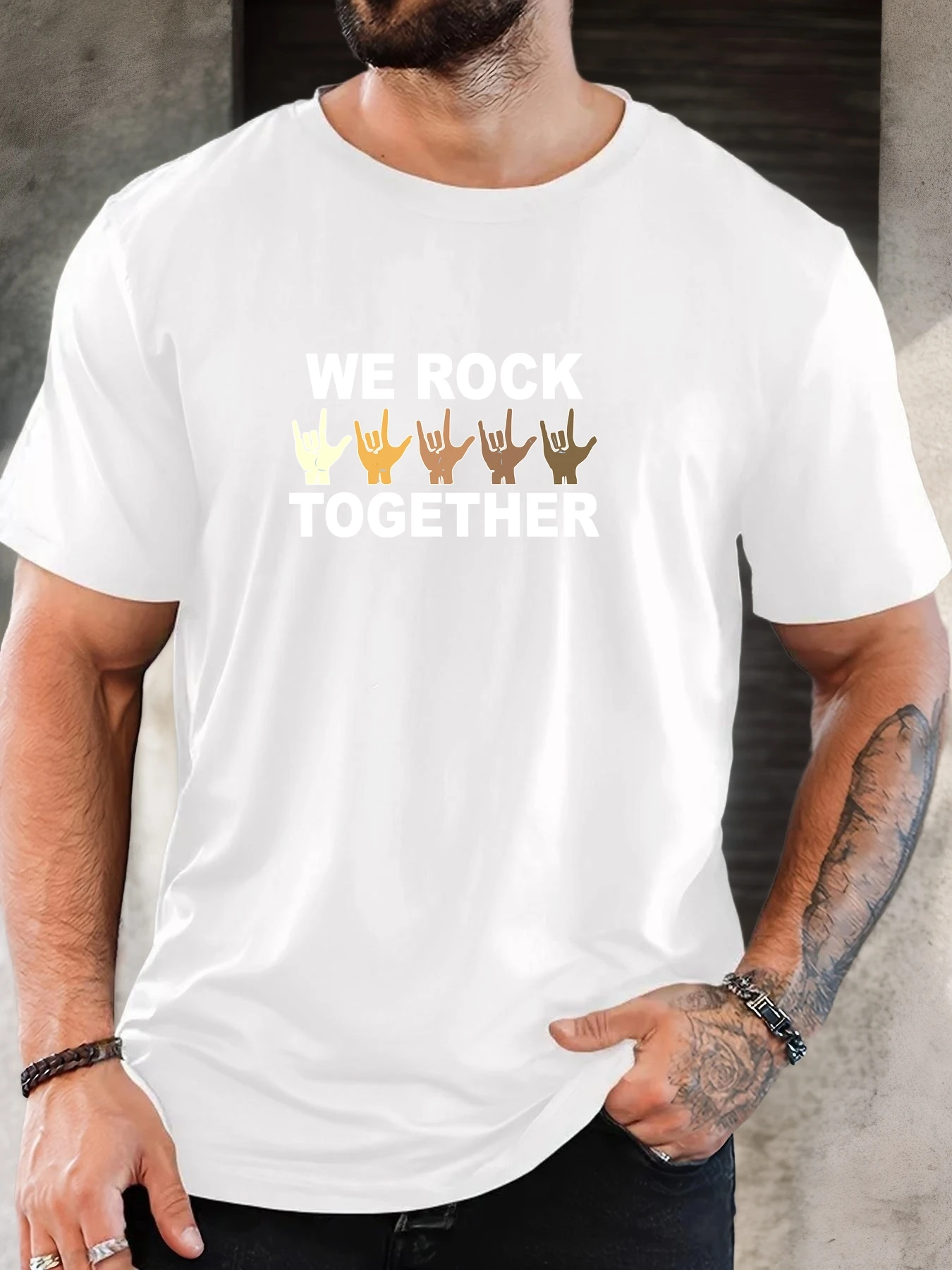 Men Burgundy Crew Neck Tee We Rock Together Multicolor Skin Tone Rock Hand Sign Equality Music Soft Cotton Male Casual Tops