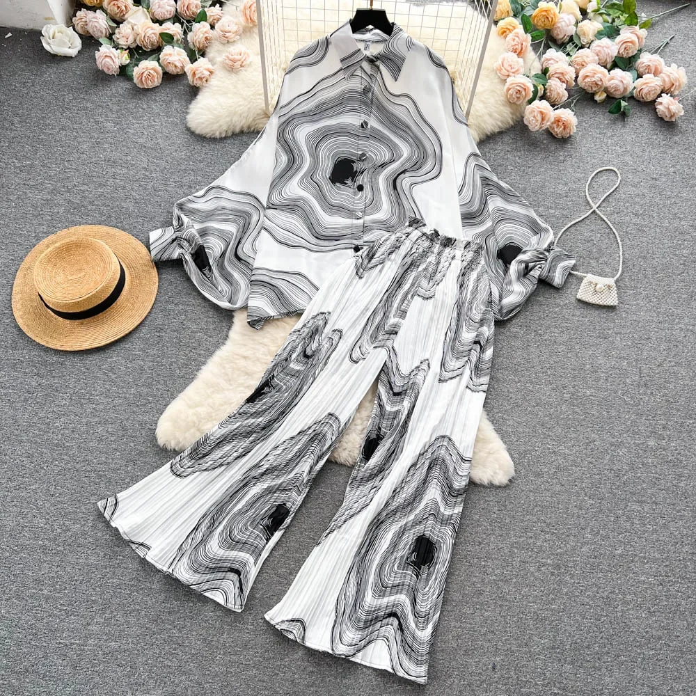 Fashion Print Set Pajama Sets for Women Two-piece Set Loose Lantern Sleeves Shirt High Waist Pleated Wide Leg Pants Home Suit