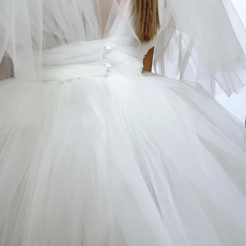 Robes de demoiselle d'honneur bouffantes avec manches bouffantes, tenue de tutu à col en V pour enfants, robe de fête d'anniversaire de mariage