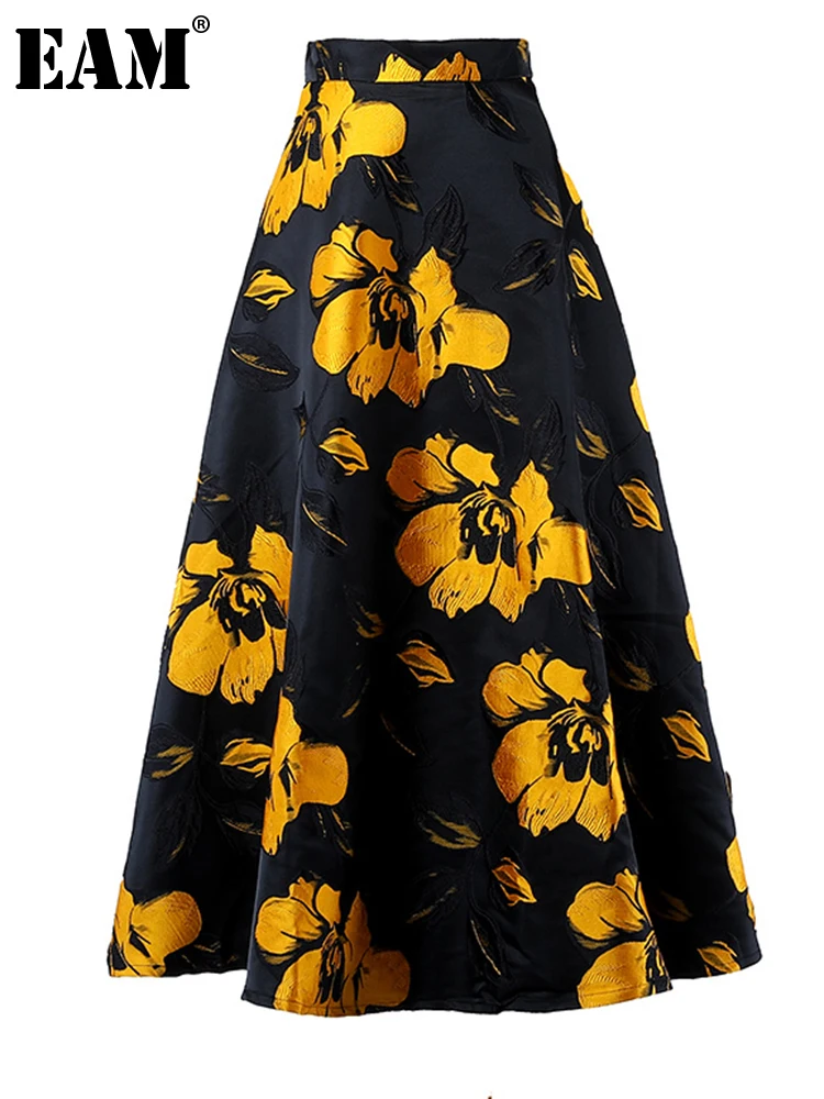 [EAM] High Waist Black Flower Jacquard Temperament Long Half-body Skirt Women Fashion Tide New Spring Autumn 2024 1DD3182