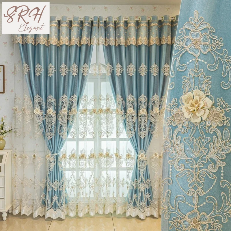 

European High-end Embroidered Curtains for Living Dining Room Bedroom Blackout Cloth and Gauze Integrated Flowers Tulle Custom