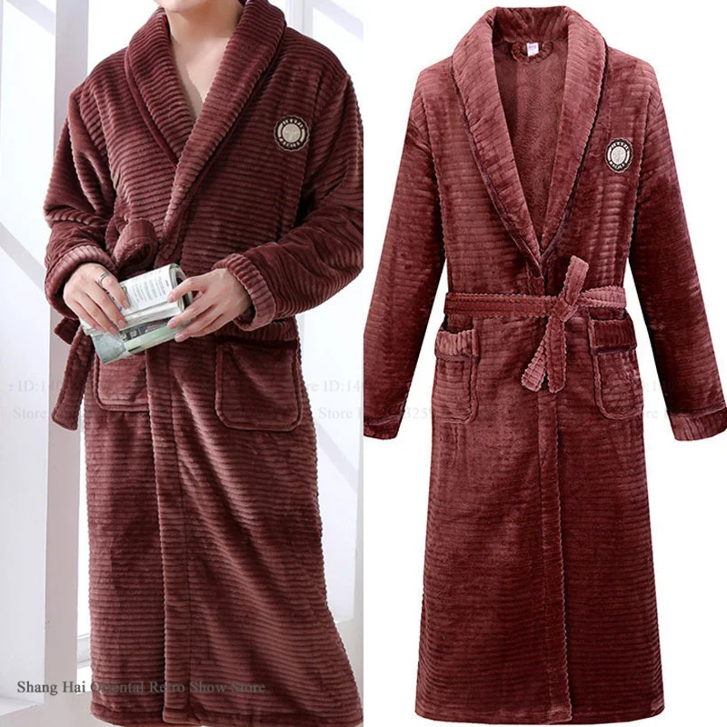 Thicken Flannel Men's Robe Kimono Bathrobe Gown Winter New Warm Couple Sleepwear Homewear Loose Coral Fleece Loungewear Pajama