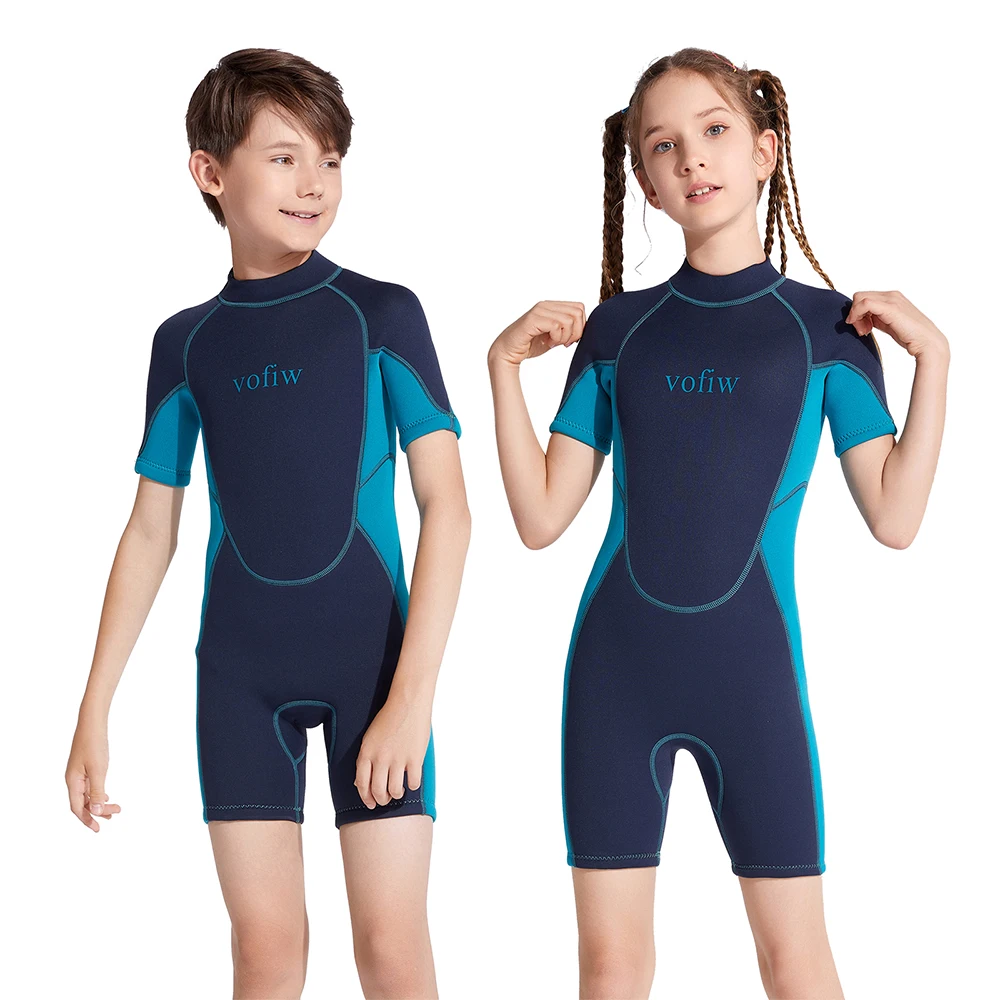 Children\'s 3MM Neoprene Shorty Wetsuit Back Zipper Surfing Snorkeling Swimming Suit Short Sleeves Boys Girls Kids Swimwear