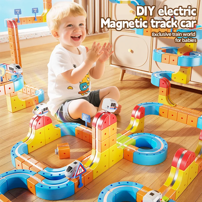 Crianças diy montagem magnética ferroviário carro brinquedos trem mágico elétrico pista crianças 3d bloco de construção cubo modelo brinquedo com sinais de trânsito