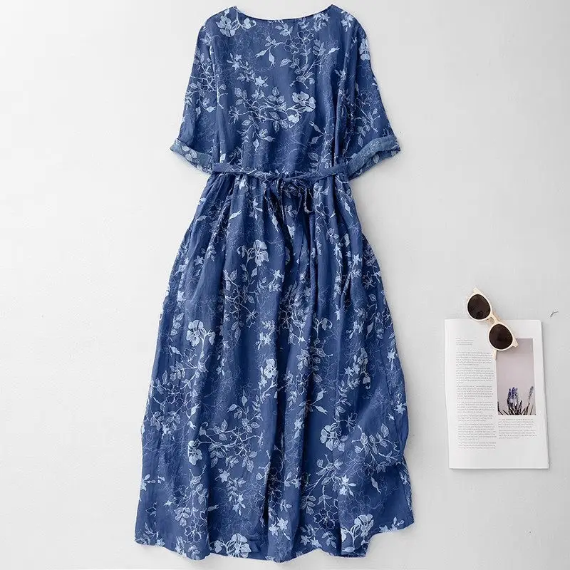 Boho Chic Ramie Sommerkleid Damen 2025 – Luftiges, knielanges, marineblaues Strandkleid mit Blumendruck, Resort Wear G331