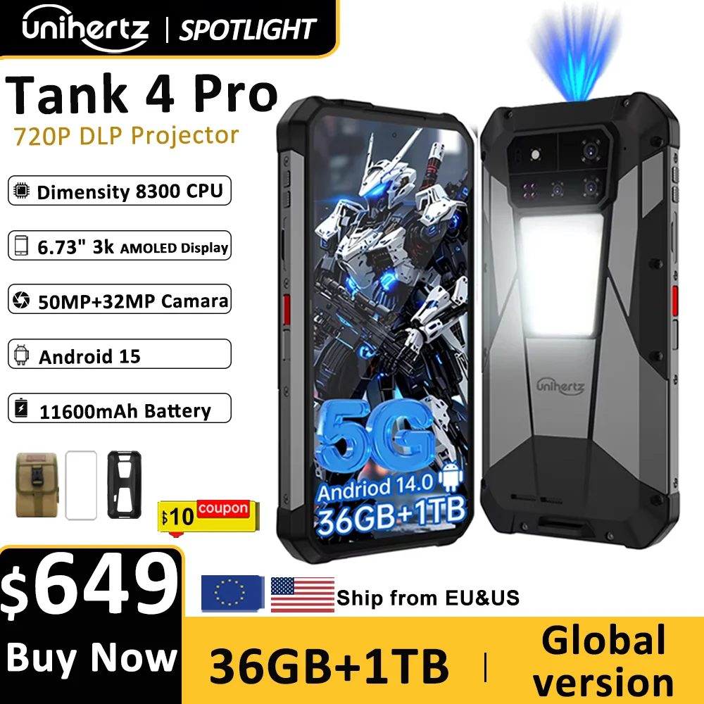 Unihertz by 8849 Tank 4 pro 5G AI Rugged Phone Built-in 720P Projector Dimensity 8300 512GB/1TB ROM 3k AMOLED 11600mAh IP68/IP69