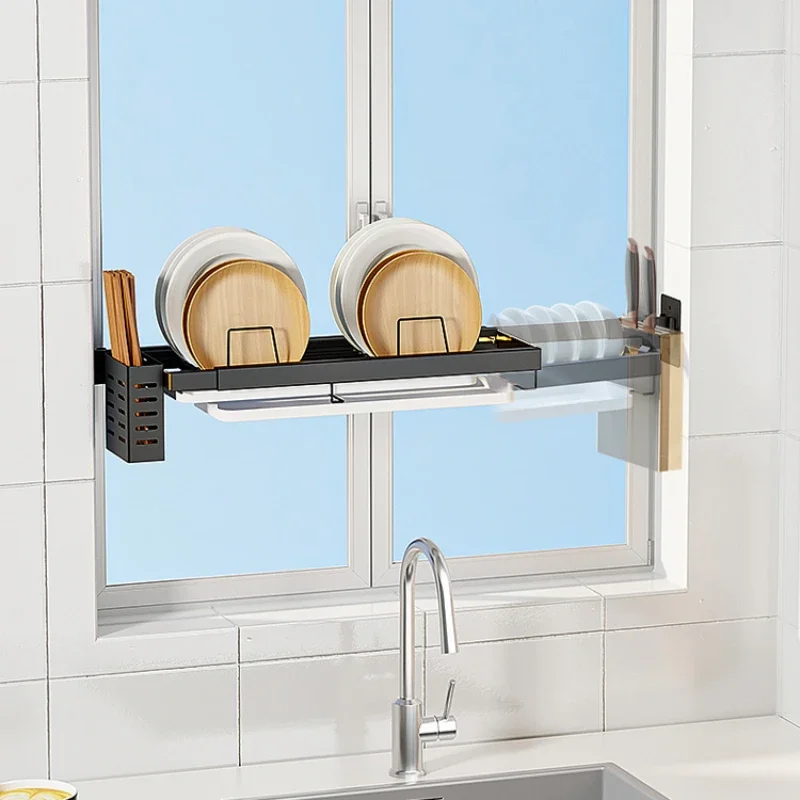 

Narrow kitchen window sill storage rack, stainless steel retractable wall mounted cabinet, dishes, sink, window drain