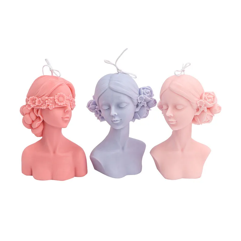 Blinded Braid Girl Silicone Candle Mold Closed Eyes Flower Half Body Beauty Aromatherapy Resin Mold Home Decoration Ornaments