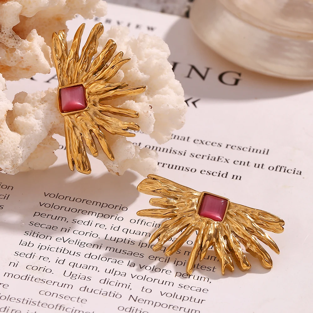 MamacitaSlay Elegant irregular fan-shaped red agate Women\'s earrings gold plated Titanium premium stainless steel jewelry