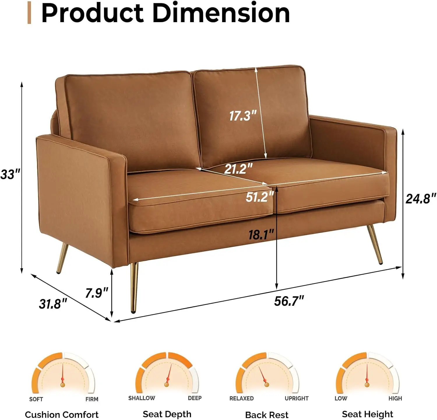 Vingmovies-causeuse moderne en cuir PU, petit canapé, siège profond pour salon, causeuse 2 places, 56 po