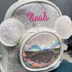 Mochila brillante personalizada con nombre personalizado para niños, mochila de dibujos animados para niñas, mochila para aperitivos de guardería, nueva moda