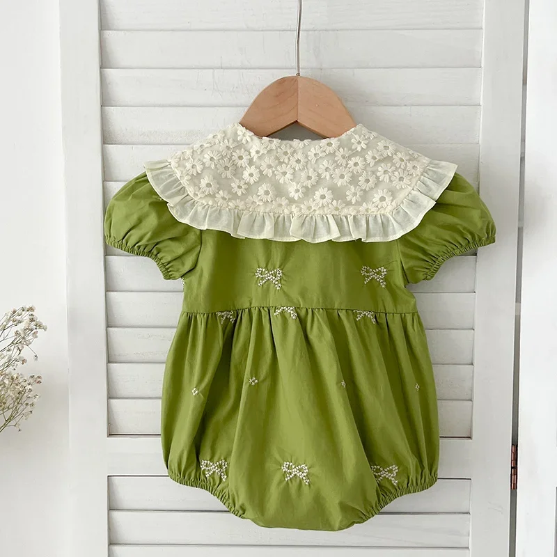 0-24 متر طفلة ملابس طفل الفتيات بذلة جديد الصيف قصيرة الأكمام بذلة القطن التطريز الربط الرضع داخلية