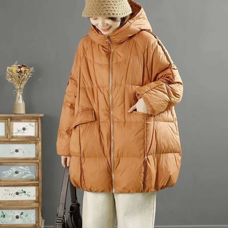 

90% белая куртка на утином пуху с капюшоном, осень-зима, теплое пальто-пуховик большого размера, повседневные свободные толстые парки, женская верхняя одежда, женская