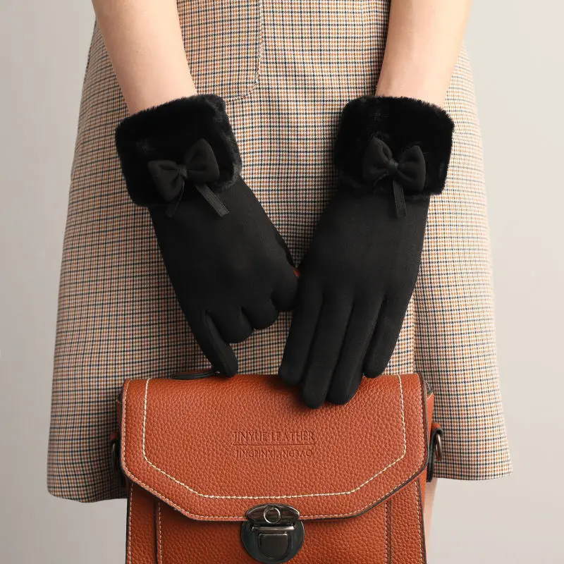 Guantes de felpa gruesos de invierno para mujer, bonito lazo, cálidos, a la moda, con dedos completos, pantalla táctil, para conducir al aire libre, deportes, ciclismo