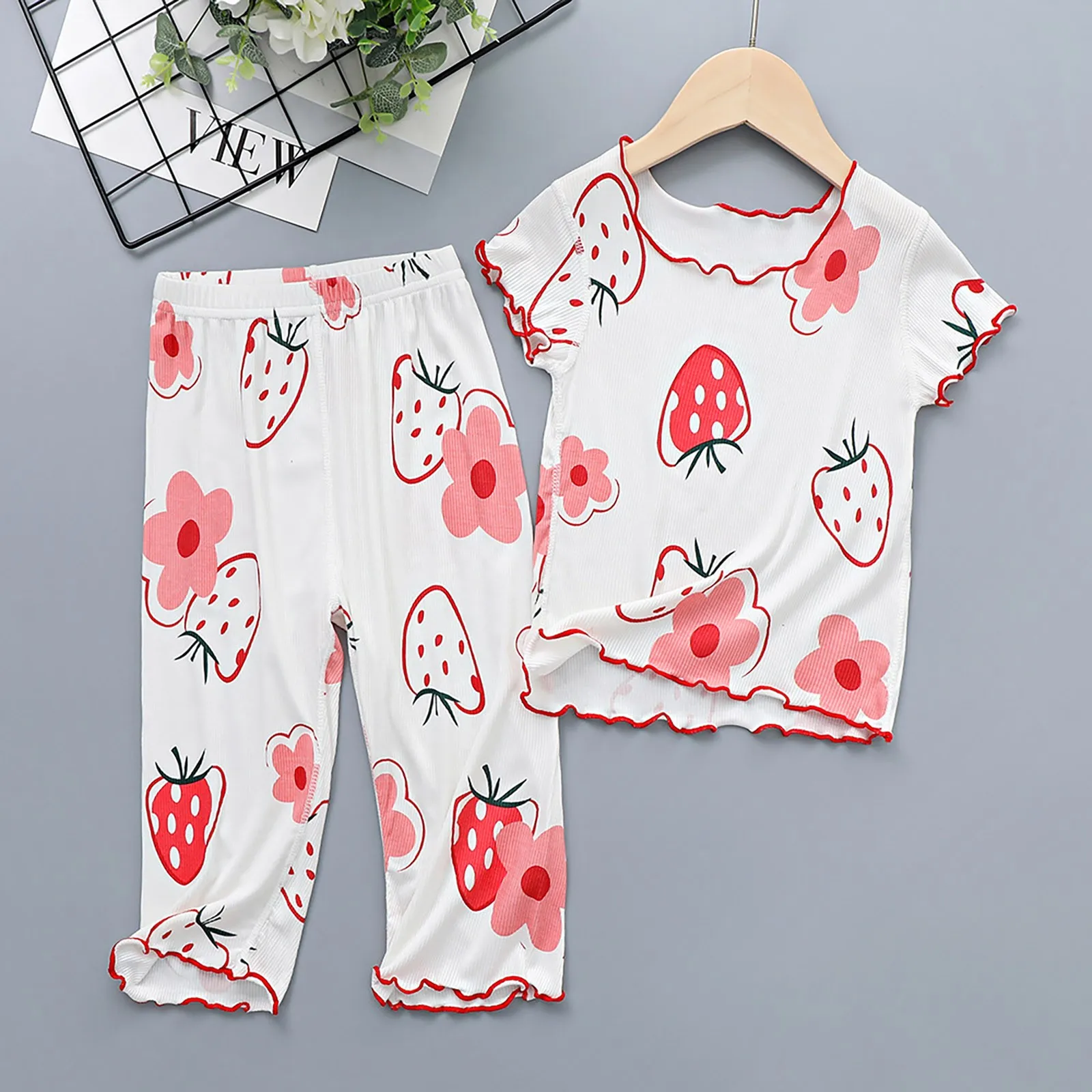 Summer Girl Thin Pajamas Strawberry Pattern Wooden Ear Edge Short Sleeve Set Home Clothes Air Conditioning Big Girls Owl Pajamas