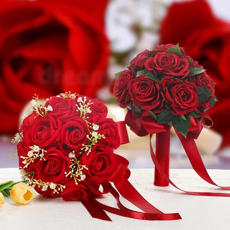 1PC Brides and Bridesmaids Holding Flowers Red Roses Bows Ribbons Green Leaf Bouquets Outdoor Wedding Confession Props