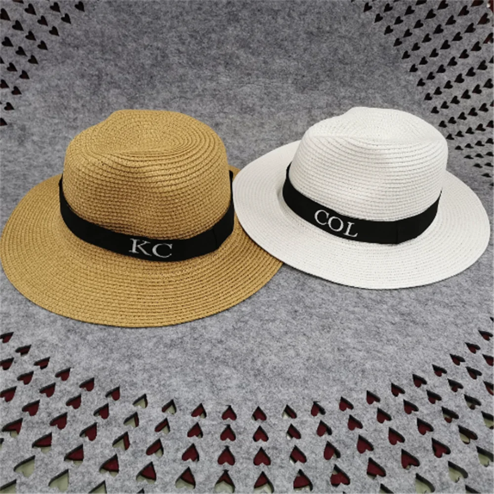 Embroidered Name Women\'s Beach Summer Sun Hat Wide Brim Summer Hat Custom Any Name Ladies Straw Fedora Hat Party Gift Straw Hat