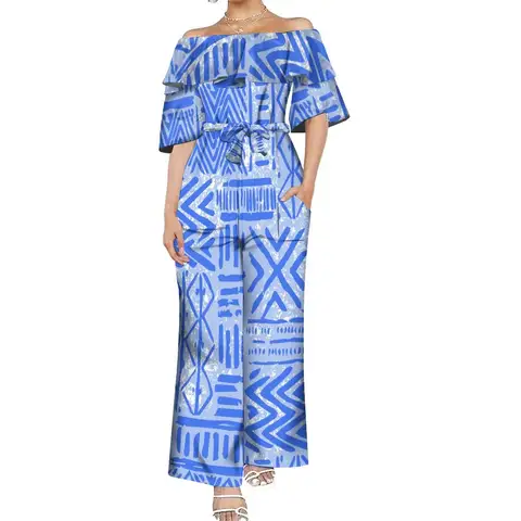 Drop Shipping Custom Polynesian Off Shoulder Frill Women One Piece Rompers Lace Up Oversized Jumpsuit With Belts