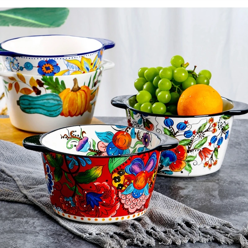 

ceramic two-ear 1.8L hand-painted soup Household garden underglaze color bowls