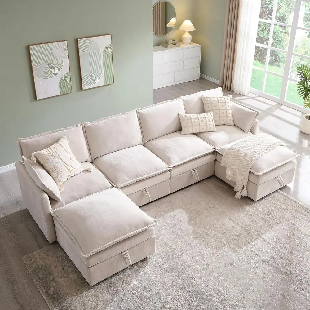

6-Seat U-Shape Chenille Cloud Sofa with Storage Ottoman and Pillows for Living Room or Bedroom, Beige