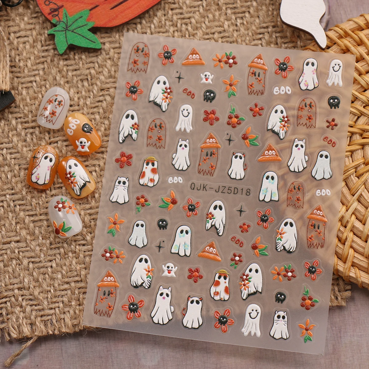 Halloween Day of the Dead 5D relief nail stickers, funny ghost pumpkin pattern nails, DIY art design nail artist supplies