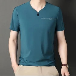 Luxurious Men V-neck T-shirts High end  Mulberry Silk Men Short Sleeve Business Tops 2024 Summer Men Casual Tshirt Clothing
