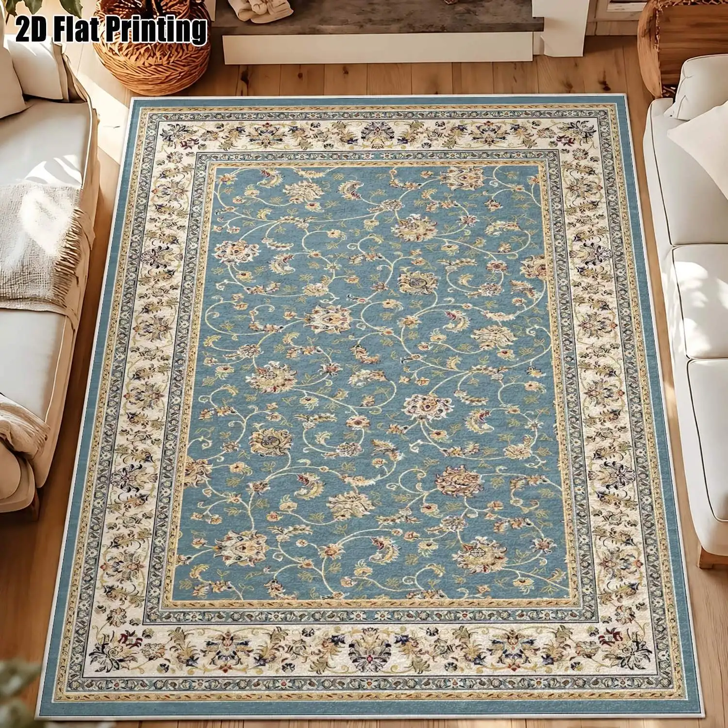 1Pc 2D Printed Blue Floral Velvet Carpet, Machine Washable, Multi-Size Home Decor Rug for Living Room, Bedroom, Dining Room, Entrance, Study
