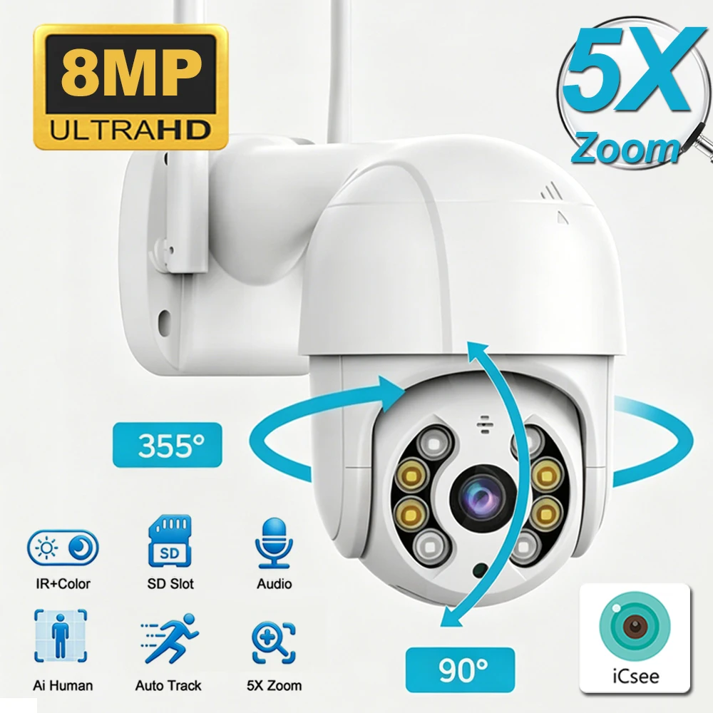 ICsee Outdoor Security Camera - 8MP 4K Wireless PTZ IP Cam with Color Night Vision & AI Auto Tracking, Home CCTV Surveillance
