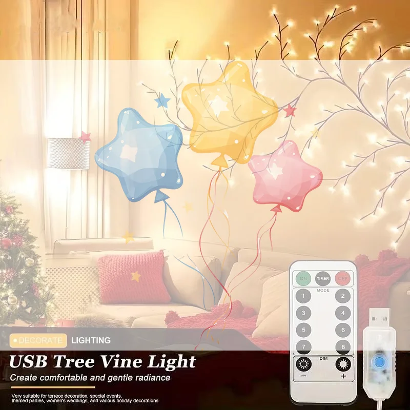 USB Vine String Light 8 Mode With Remote Waterproof LED Flexible DIY Tree Branch Lamp Fairy Light Home Wall Christmas Decoratio