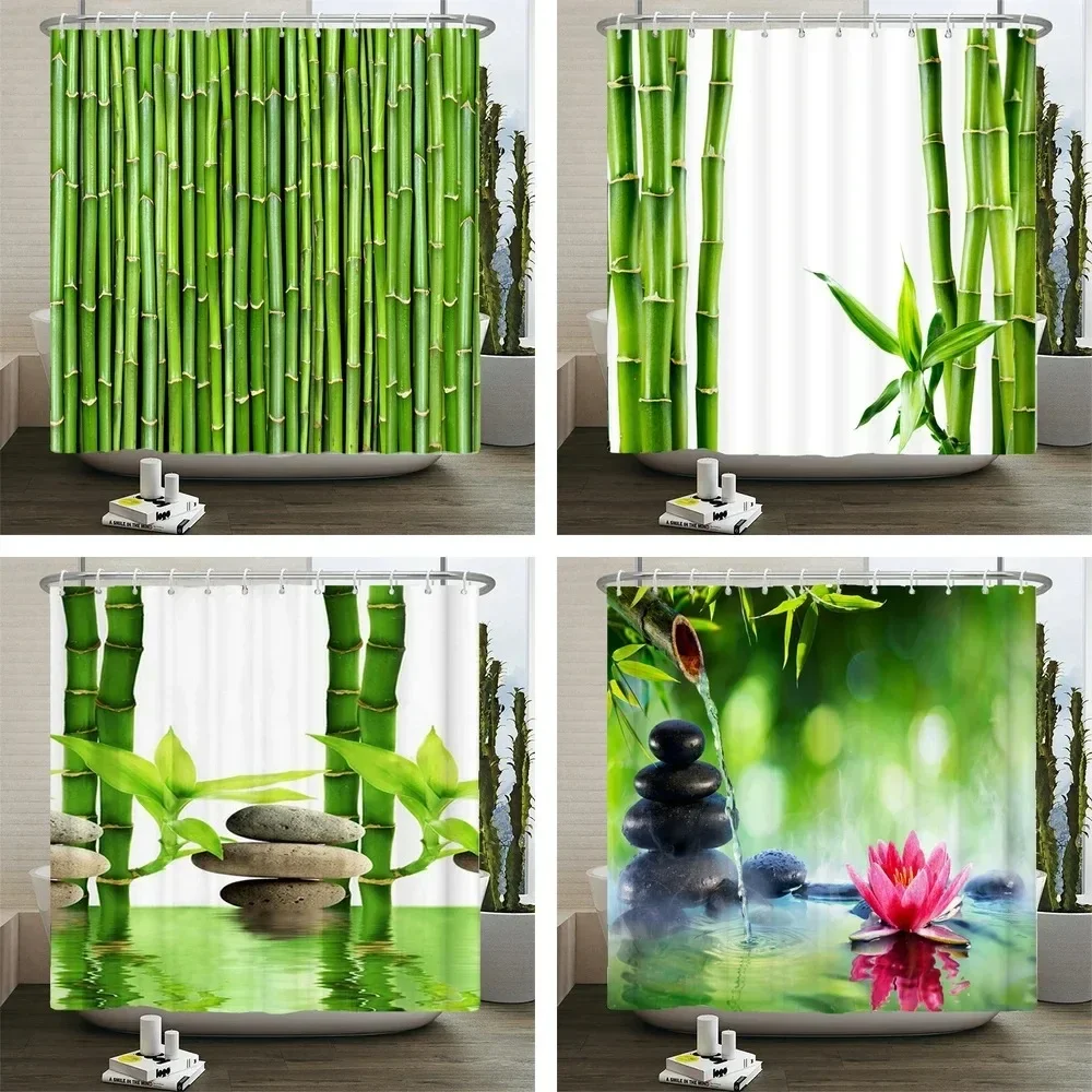 

Green Plant Bamboo Shower Curtain Bathroom Bath Curtain Waterproof Polyester 3D Printed Trees Bath Screen with Hooks