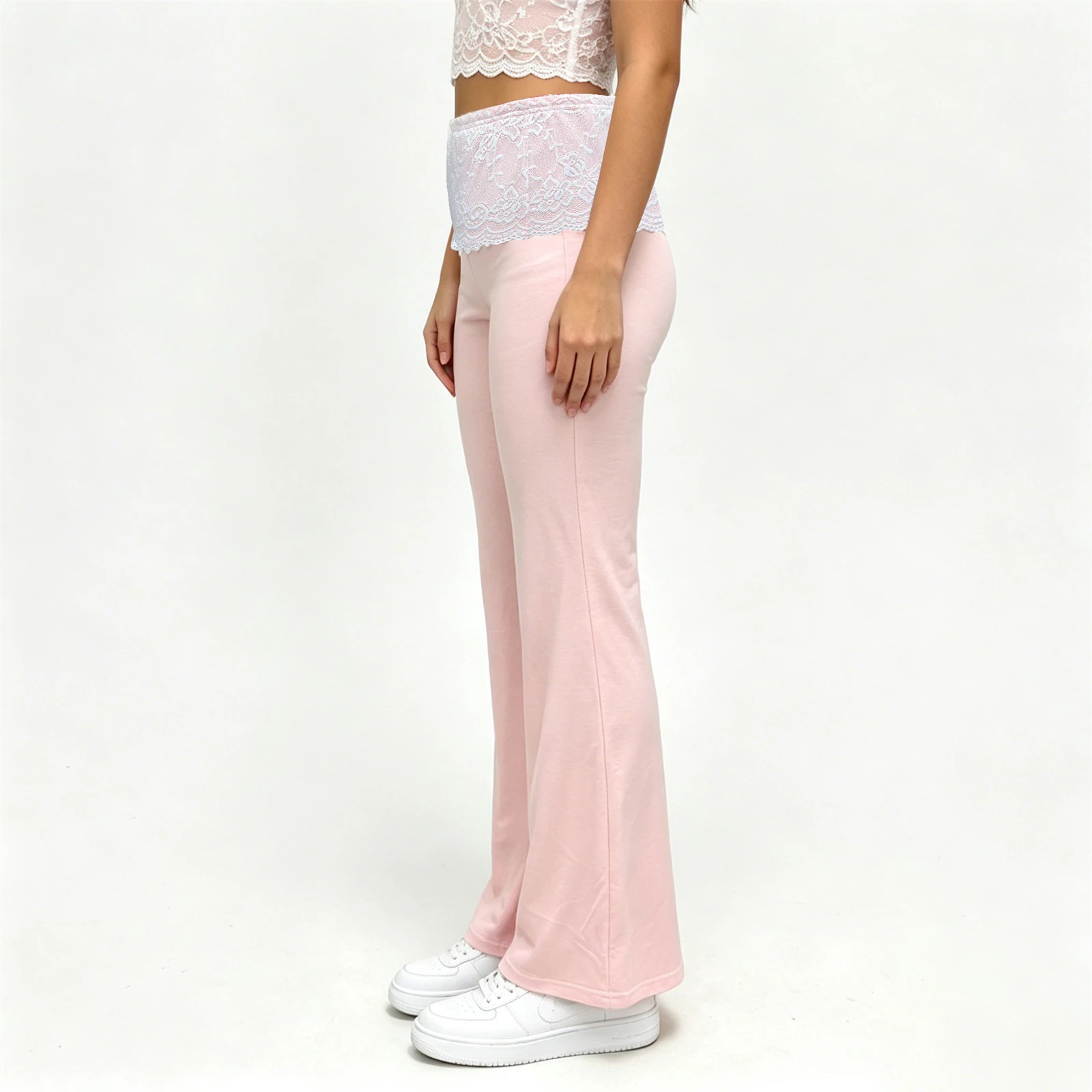 Fashion Women's Spring Summer Baggy Pants Lace Trimmed Waistband Loose Striped Wide Leg Trousers Y2k High Streetwear