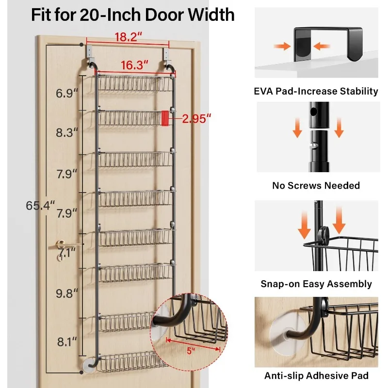 Over the Door Pantry Organizer, Metal Pantry Organizers and Storage,  Pantry Door Organizer for Easy Install,  Black