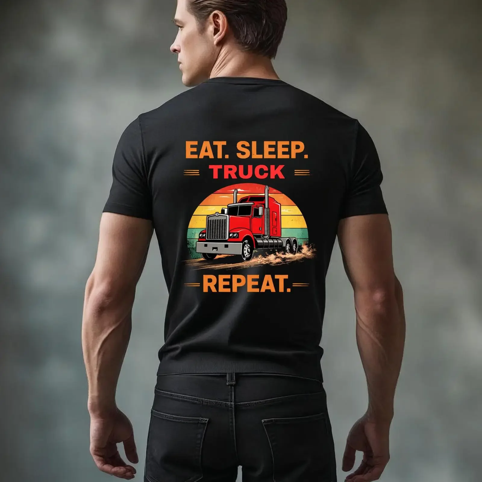 Essen Schlafen Truck Wiederholen Retro Sonnenuntergang Semi T-Shirt Lustiges Trucker Vatertags-Geburtstagsgeschenk für Trucking-Liebhaber Vintage Gewaschene Mode
