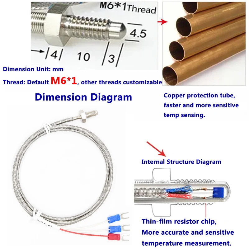 M6 PT100/PT1000 Screw Temperature Sensor, Spring Temperature Probe, High Precision, High-Temperature, Measuring Instrument, 500℃