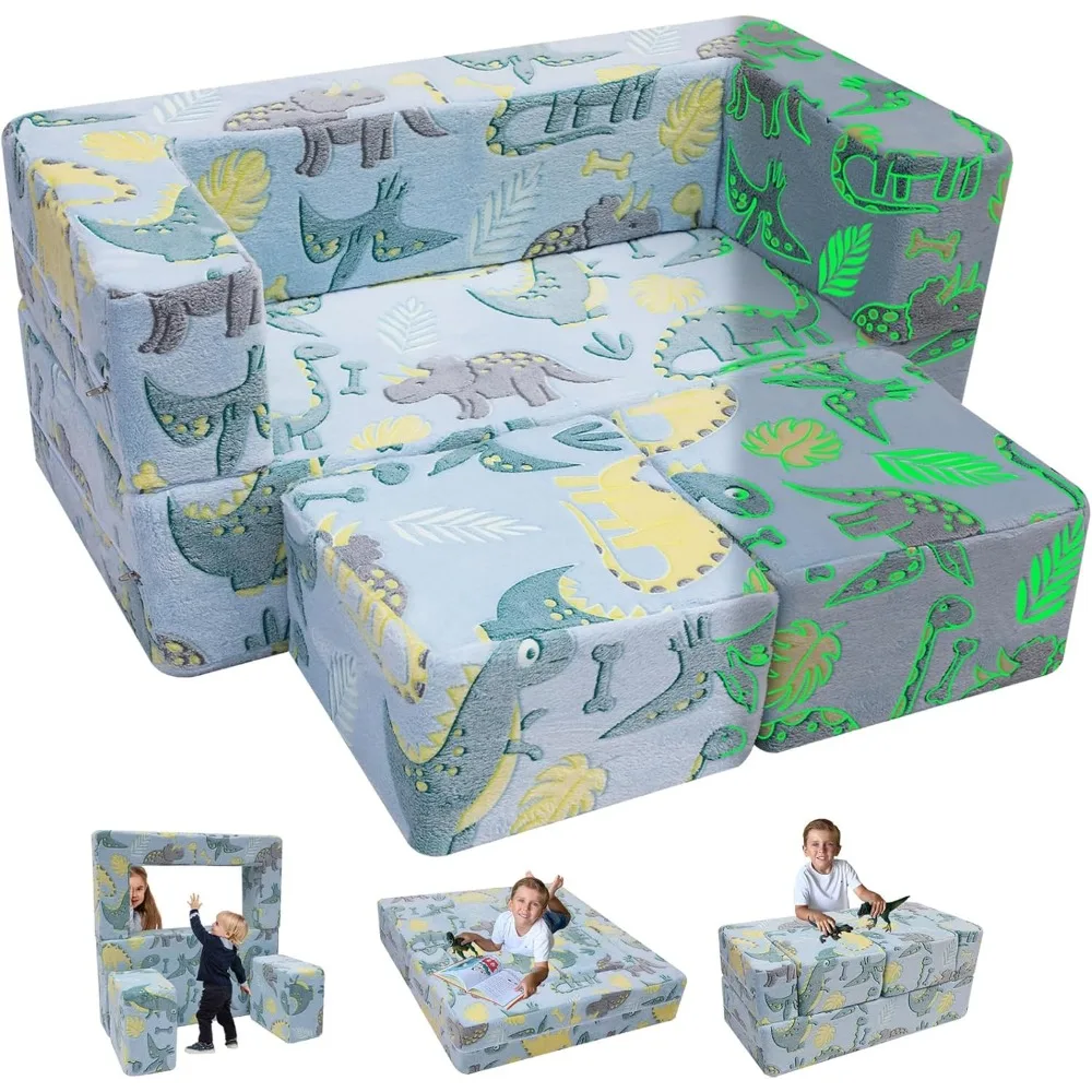 

Modular Kids Sofa,Toddler Play Couch Fold Out for Playroom, Dinosaur Glow in Dark Convertible Plush Foam Chair