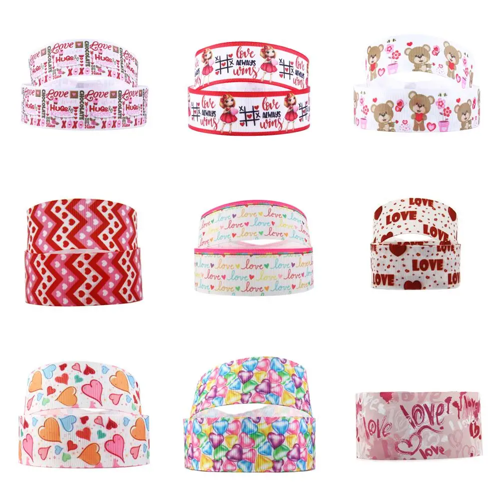 5yards 25mm Heart Love Printed Grosgrain Ribbons For Wedding Valentine's Day Decorations DIY Bow Craft Ribbons Supplies,5Yc14643