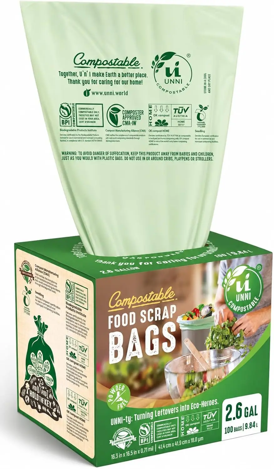 Compostable Trash Bags 2.6 Gallon 9.84L 100 Count Extra Thick 0.71 Mil Small Kitchen Food Scrap Bin Liners BPI & OK Compost HOME Certified